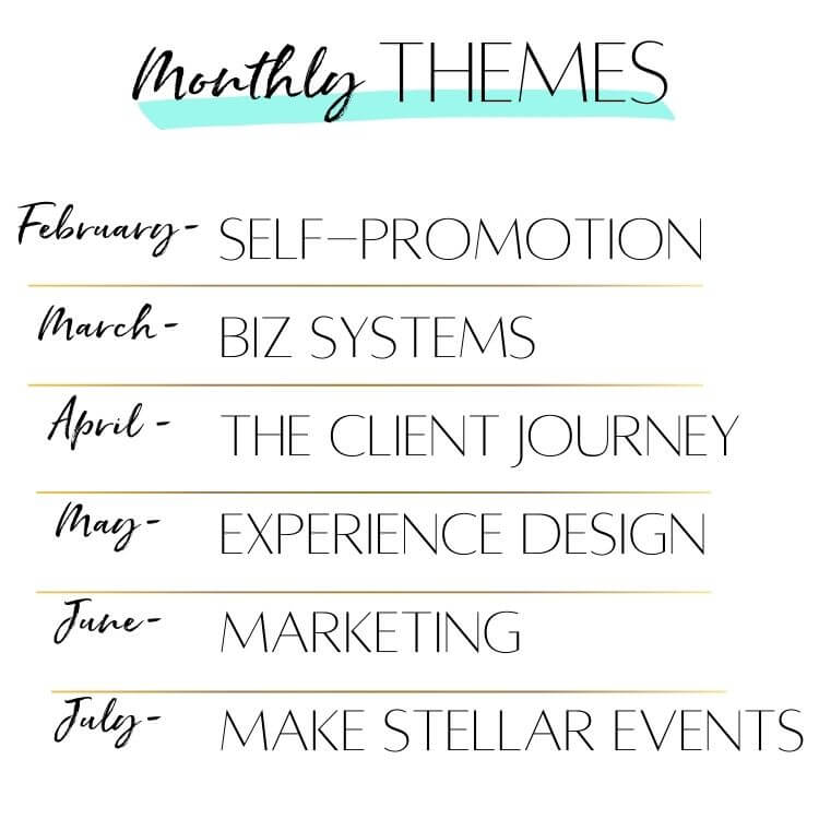 Monthly themes for Experiential Business Mastermind - core topics 